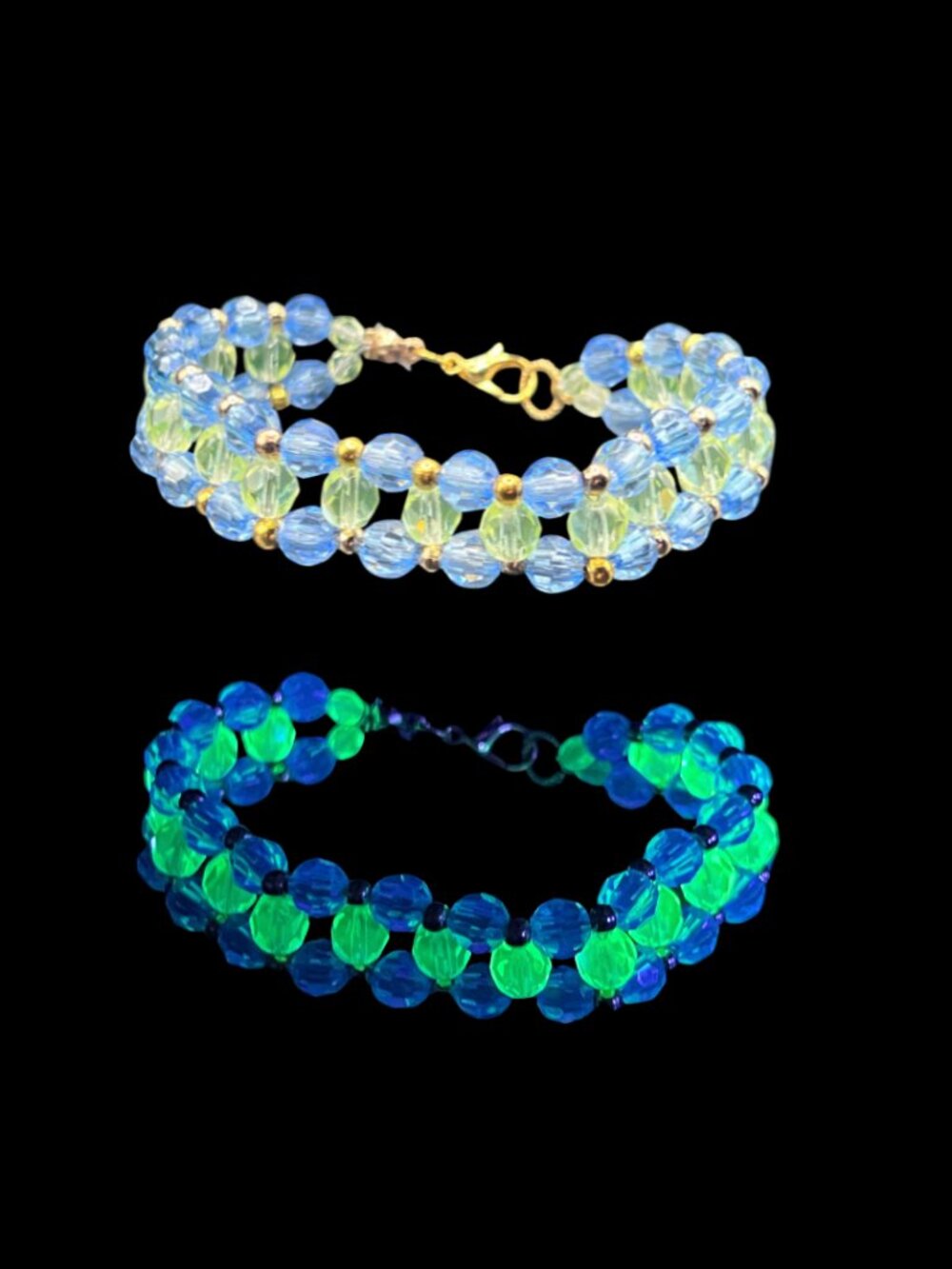 Handcrafted Uranium Glass Bead Bracelet 7.25" Long Blue and Yelllow-Green UV